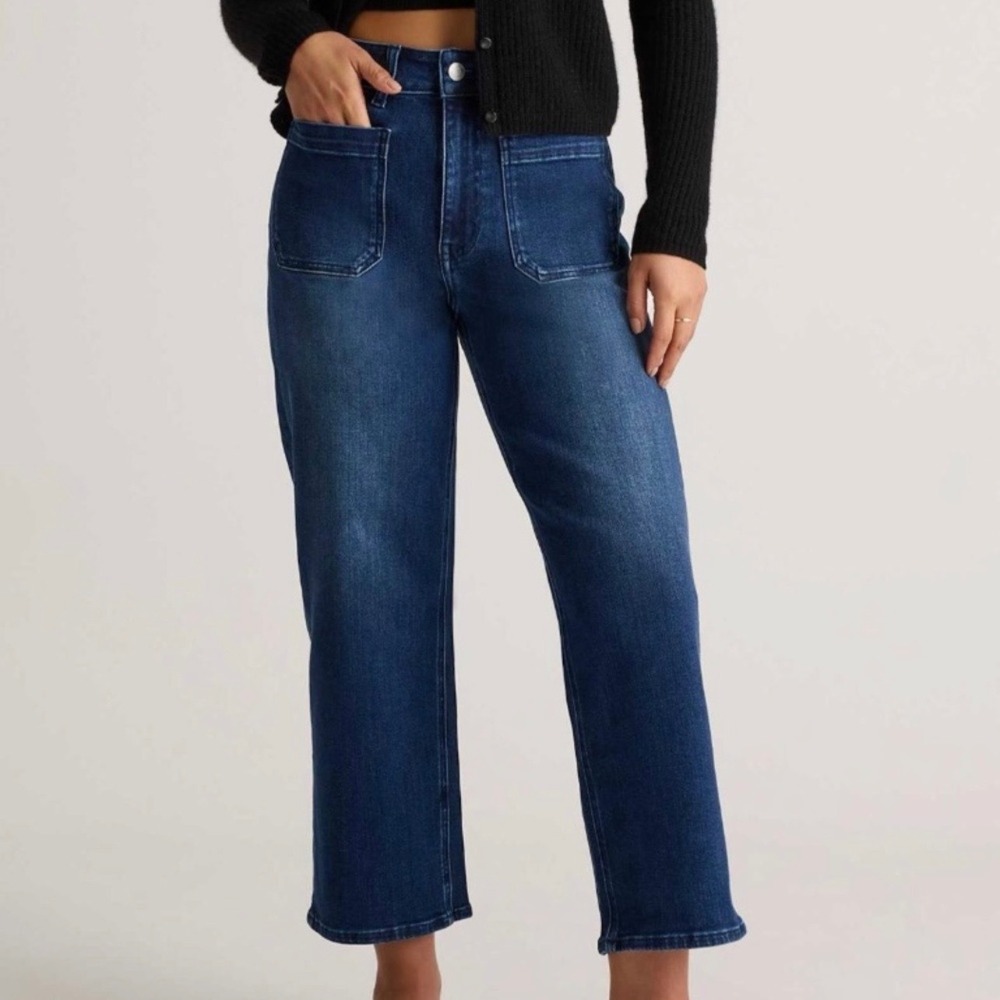 Quince Bella Stretch Patch Pocket Wide Leg Jeans in Dark Midnight Blue Wash 26